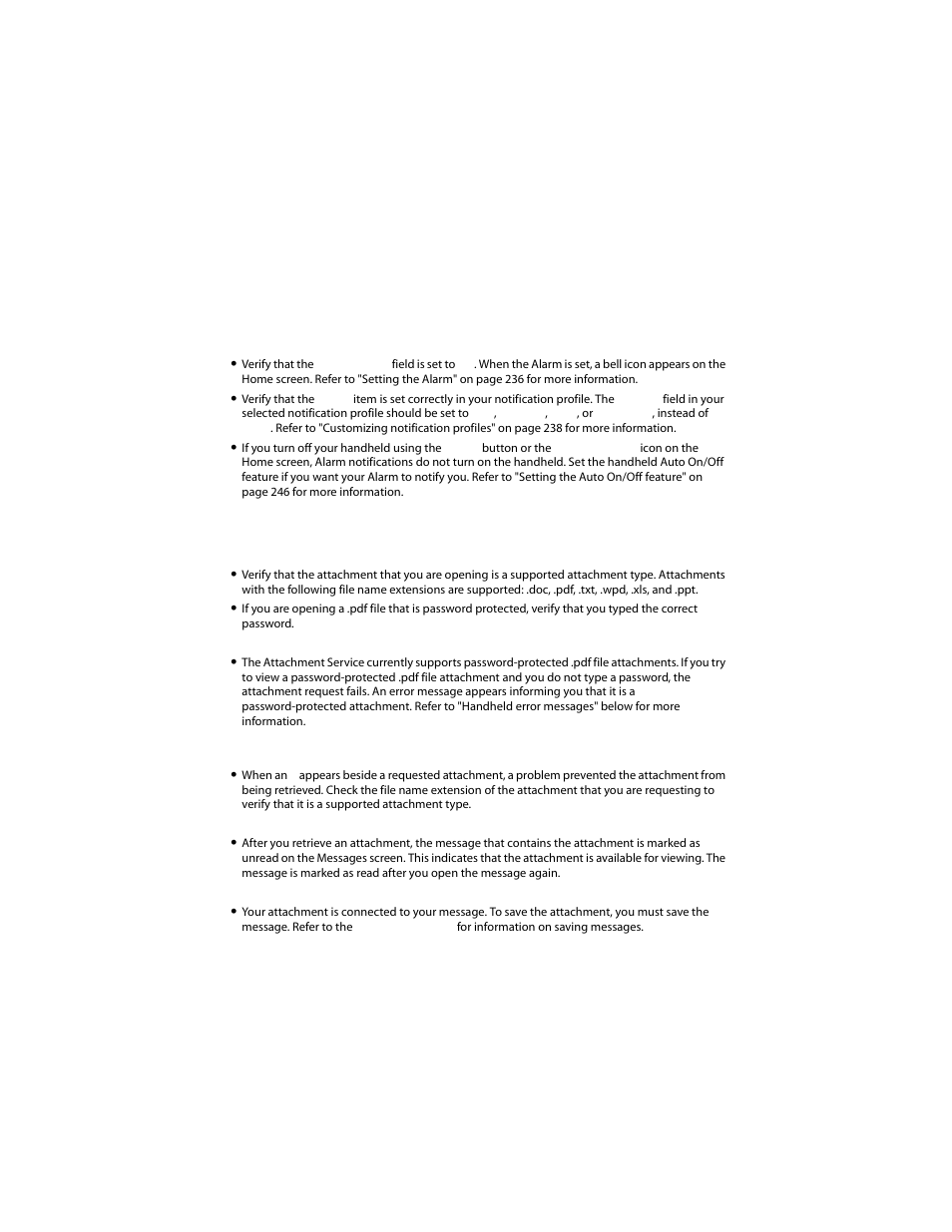 Frequently asked questions, Alarm, Attachment service | Blackberry 6210 User Manual | Page 264 / 311