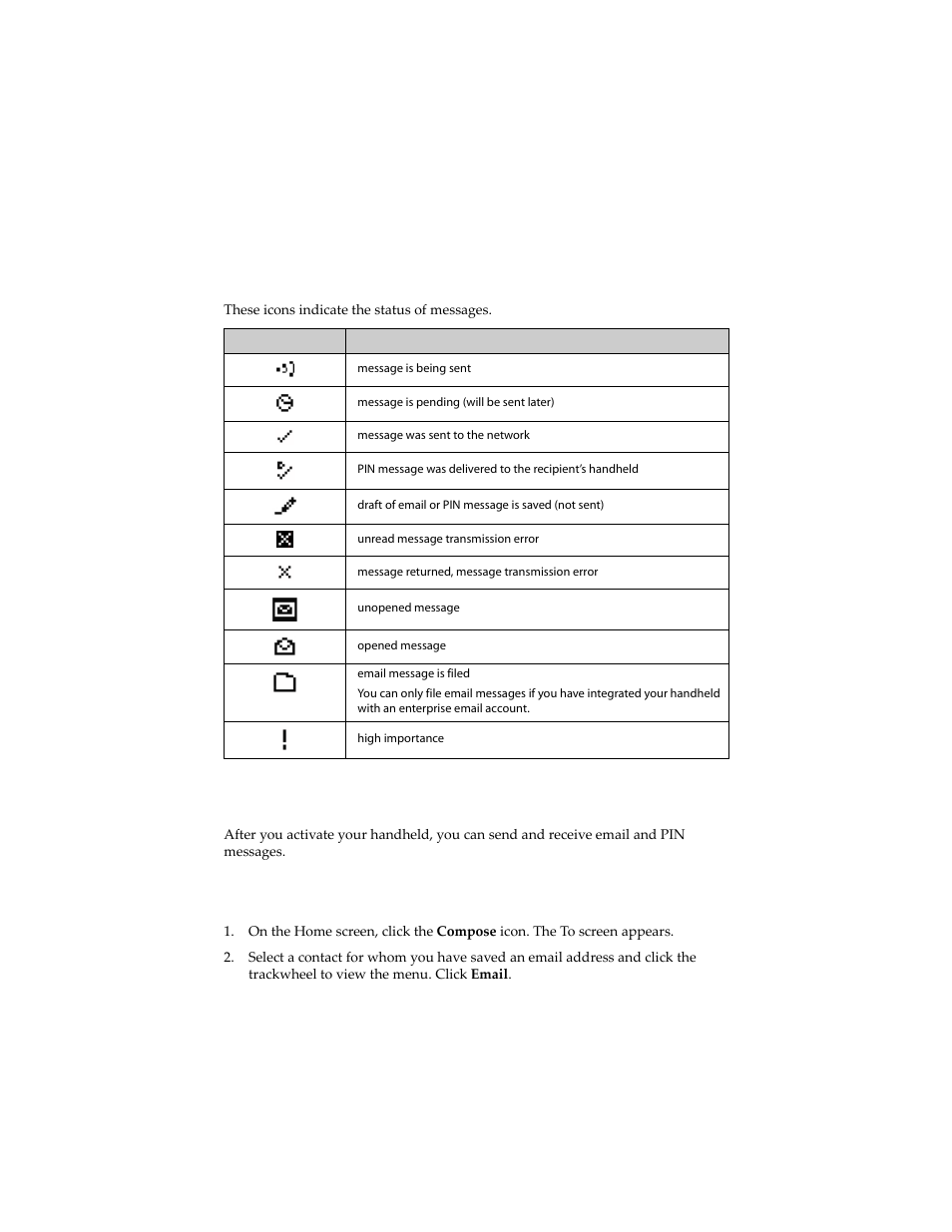 Message status icons, Sending email and pin messages, To send an email message | Blackberry 6210 User Manual | Page 42 / 311