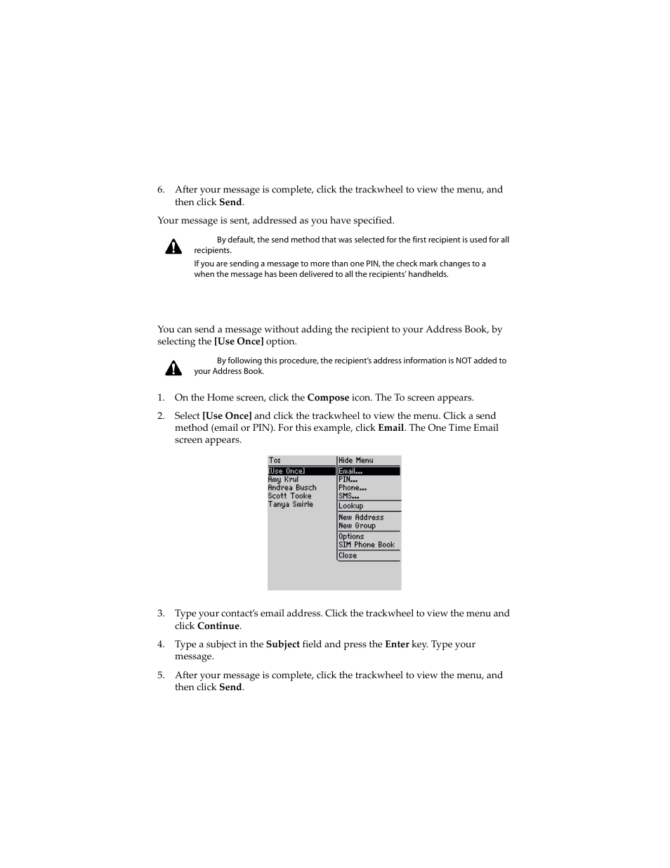 To send a message to a one-time recipient | Blackberry 6210 User Manual | Page 47 / 311