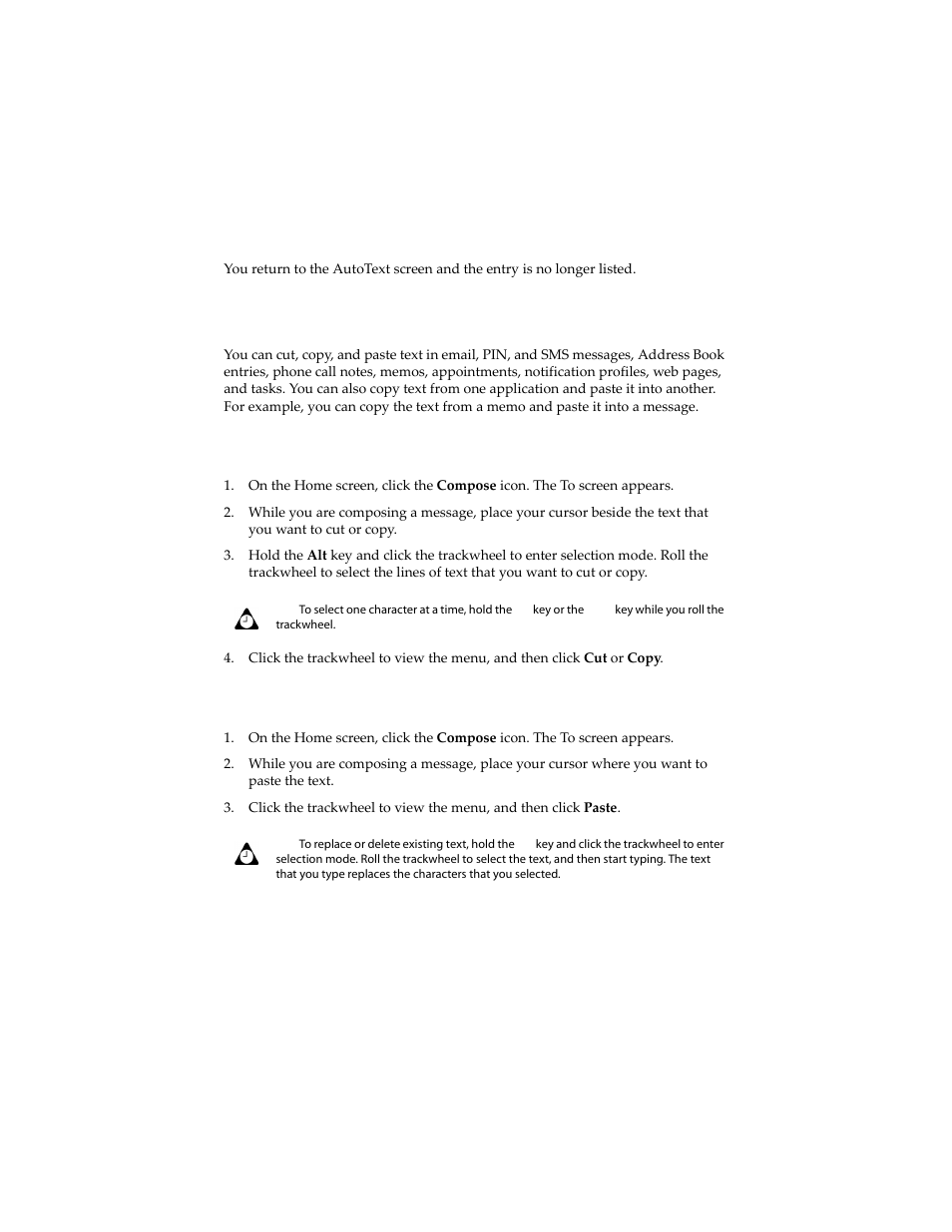 Using cut, copy, and paste, To cut and copy text in a message, To paste text into a message | Blackberry 6210 User Manual | Page 59 / 311