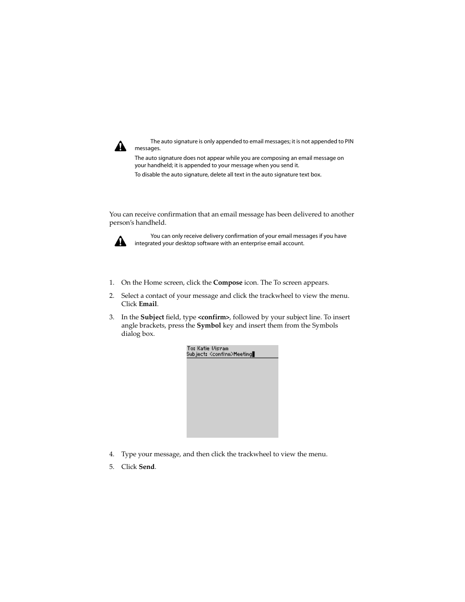 Receiving delivery confirmation, To receive delivery confirmation | Blackberry 6210 User Manual | Page 63 / 311