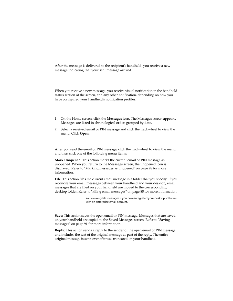 Reading email or pin messages, To read a message | Blackberry 6210 User Manual | Page 64 / 311
