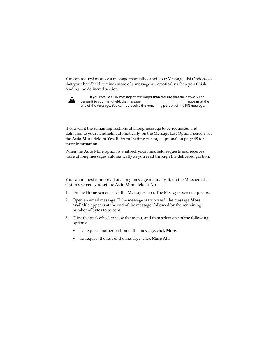 To receive more of a message automatically, To request more of a message manually | Blackberry 6210 User Manual | Page 67 / 311