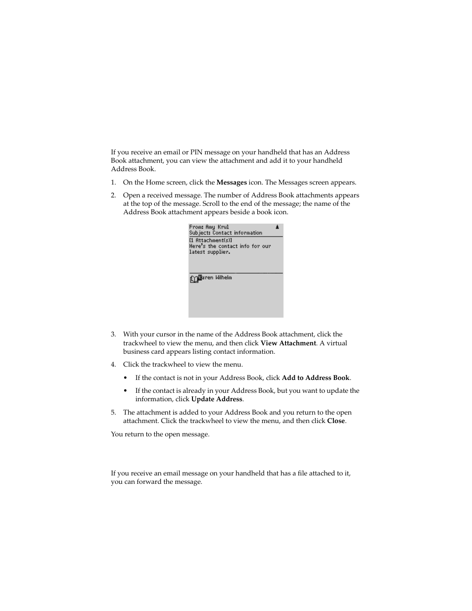 To manage address book attachments, To forward messages with file attachments | Blackberry 6210 User Manual | Page 69 / 311