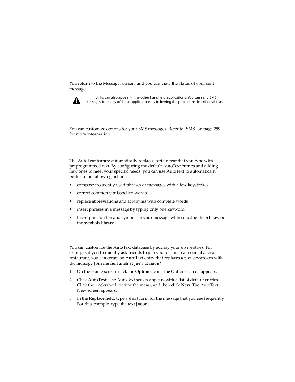 Setting sms options, Using autotext in sms messages, To add a new autotext entry | Setting sms options using autotext in sms messages | Blackberry 6210 User Manual | Page 78 / 311