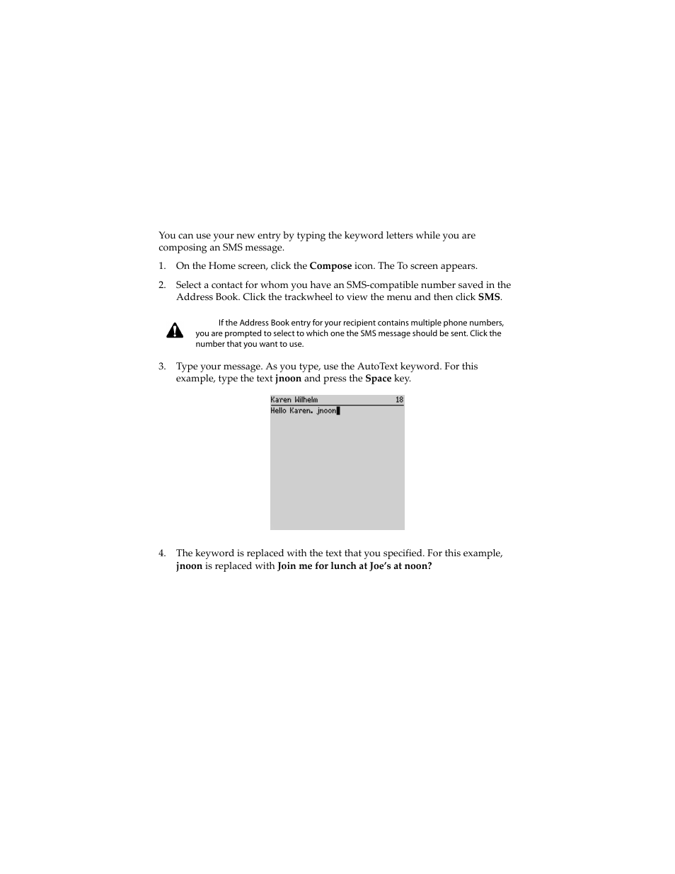 To use your autotext entry in an sms message | Blackberry 6210 User Manual | Page 80 / 311