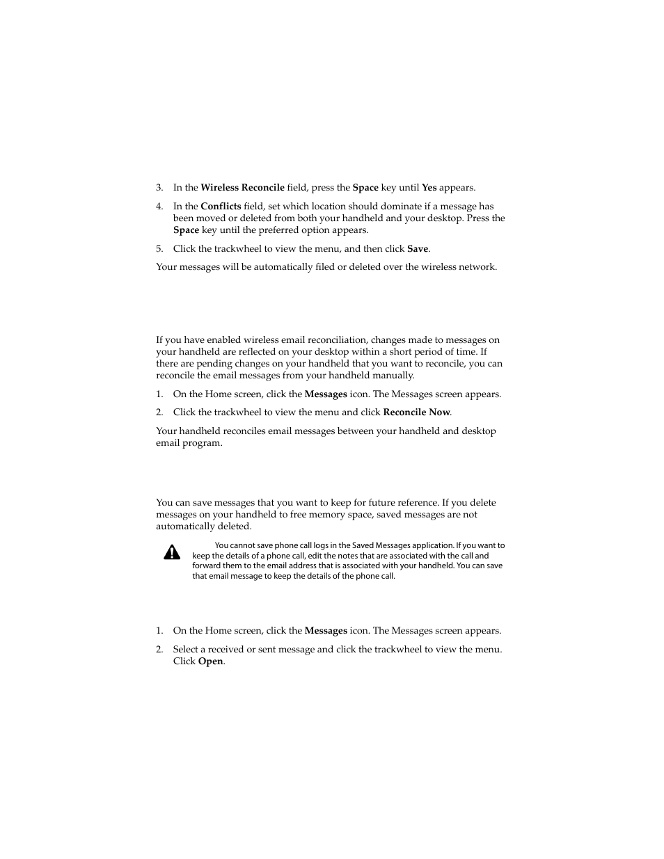 To reconcile email messages from your handheld, Saving messages, To save a sent or received message | Blackberry 6210 User Manual | Page 91 / 311