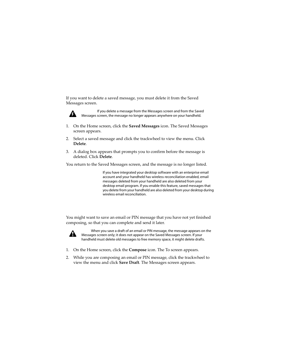 To remove messages from the saved messages screen, To save a draft of an email or pin message | Blackberry 6210 User Manual | Page 93 / 311