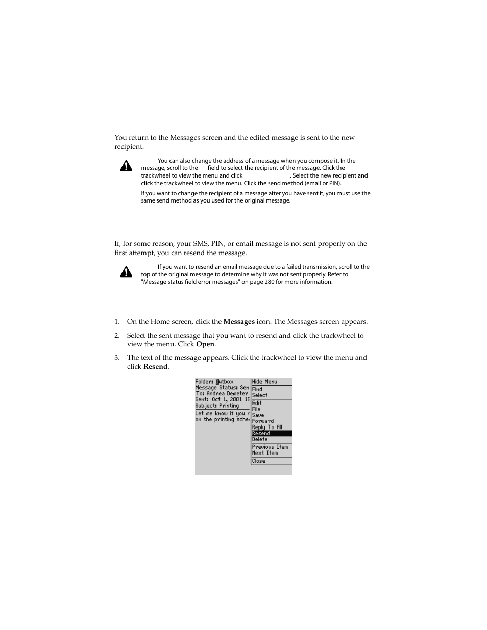 Resending messages, To resend a message | Blackberry 6210 User Manual | Page 96 / 311