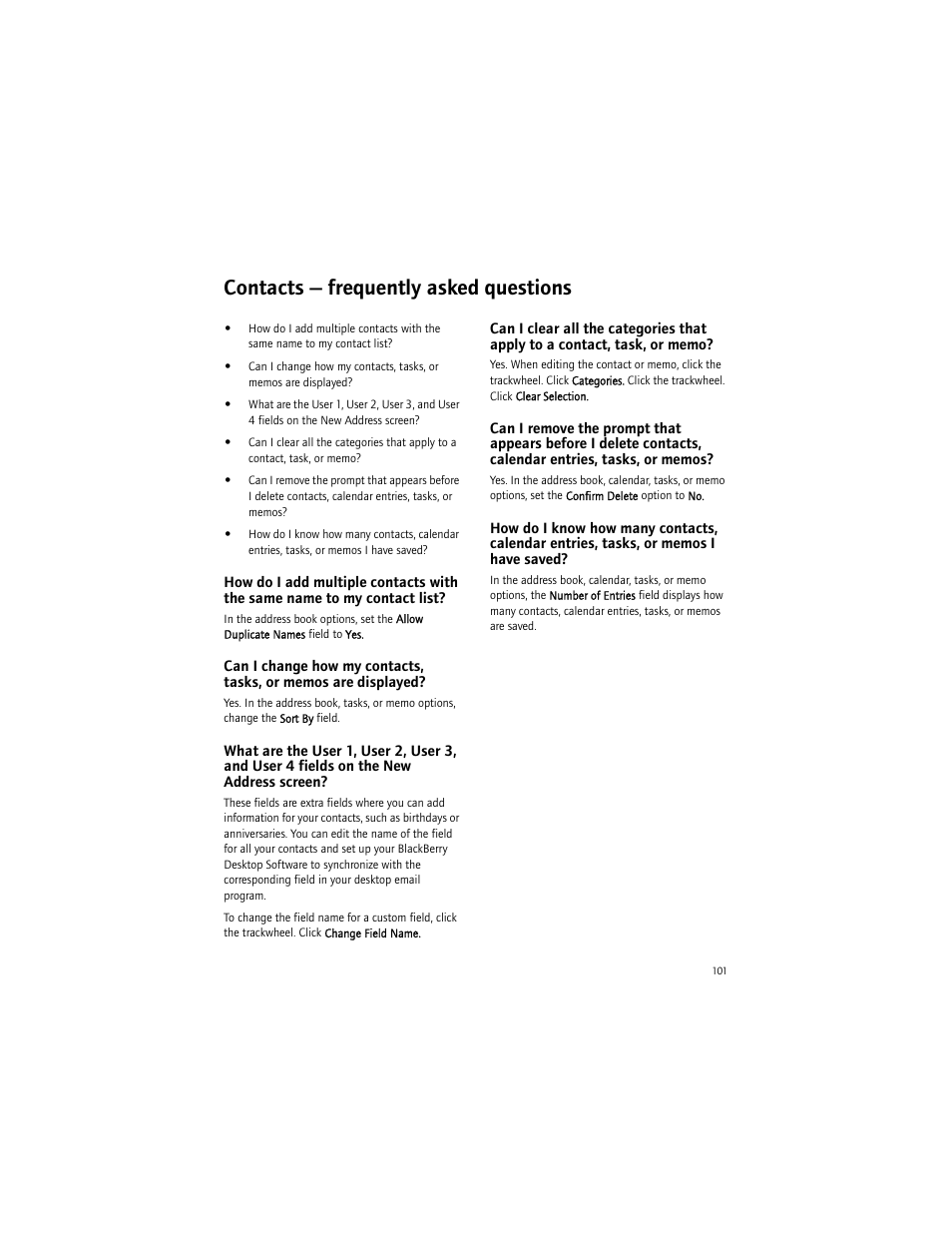 Contacts - frequently asked questions, Contacts — frequently asked questions | Blackberry 6750 User Manual | Page 101 / 130