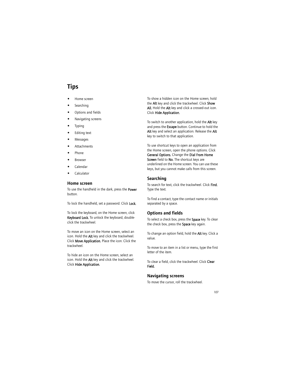 Tips, Home screen, Searching | Options and fields, Navigating screens | Blackberry 6750 User Manual | Page 107 / 130