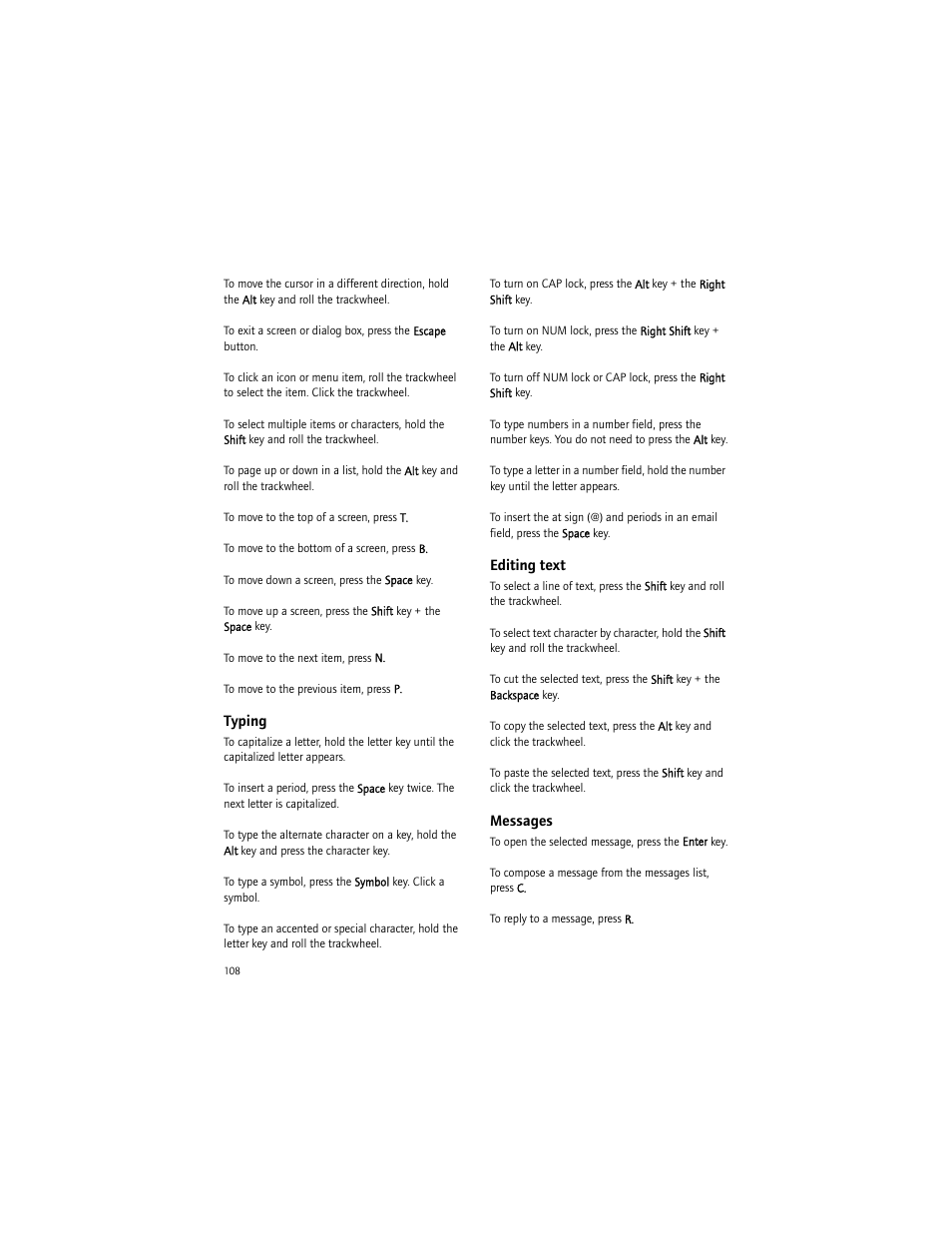 Typing, Editing text, Messages | Blackberry 6750 User Manual | Page 108 / 130