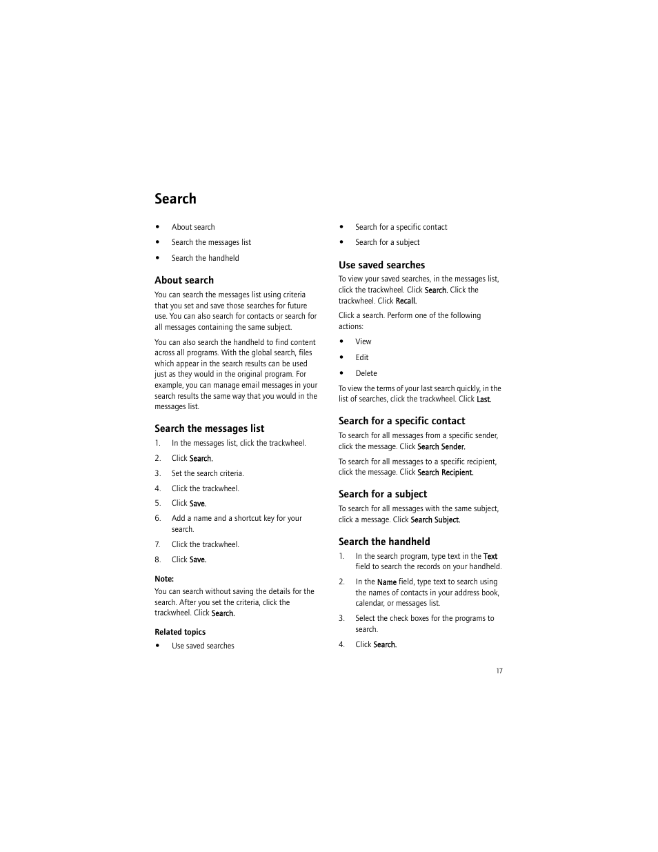 Search, About search, Search the messages list | Use saved searches, Search for a specific contact, Search for a subject, Search the handheld | Blackberry 6750 User Manual | Page 17 / 130