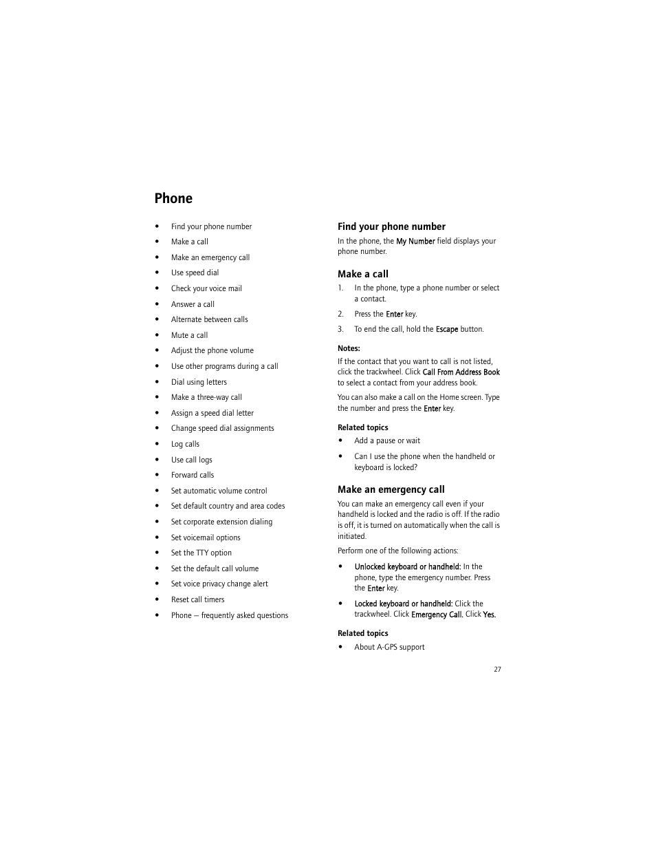 Phone, Find your phone number, Make a call | Make an emergency call | Blackberry 6750 User Manual | Page 27 / 130