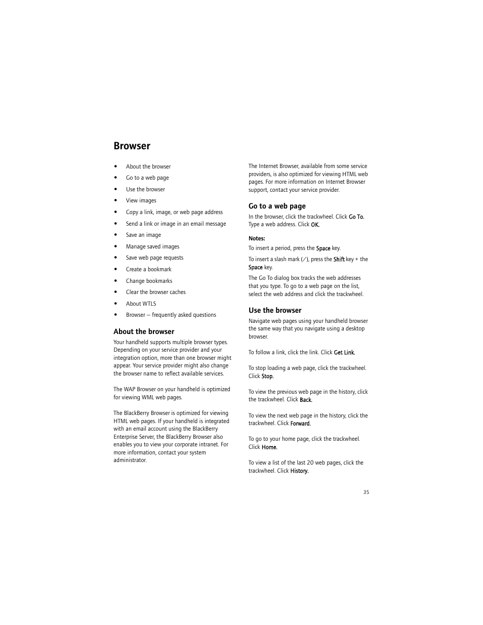 Browser, About the browser, Use the browser | Blackberry 6750 User Manual | Page 35 / 130