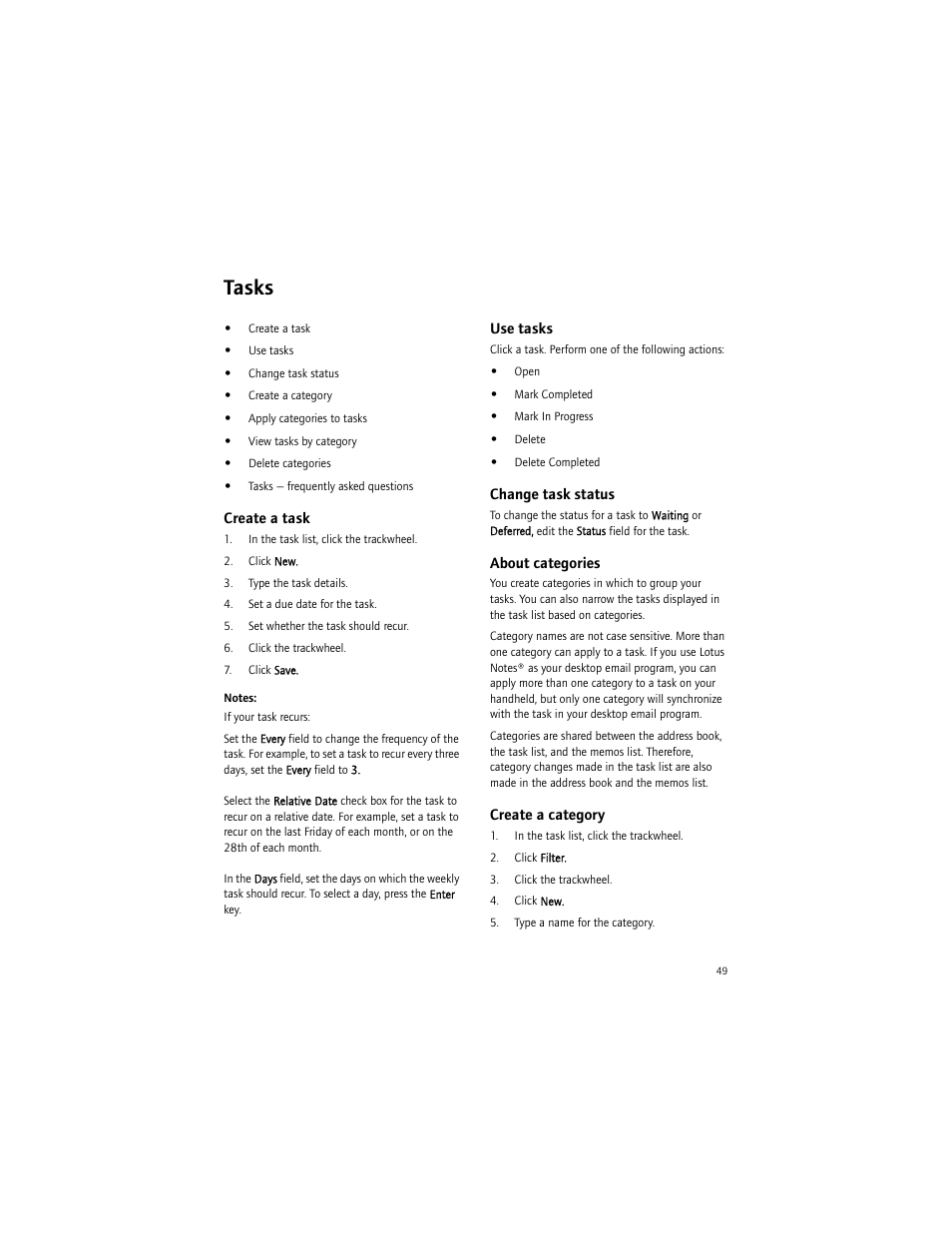 Tasks, Create a task, Use tasks | Change task status, About categories, Create a category | Blackberry 6750 User Manual | Page 49 / 130