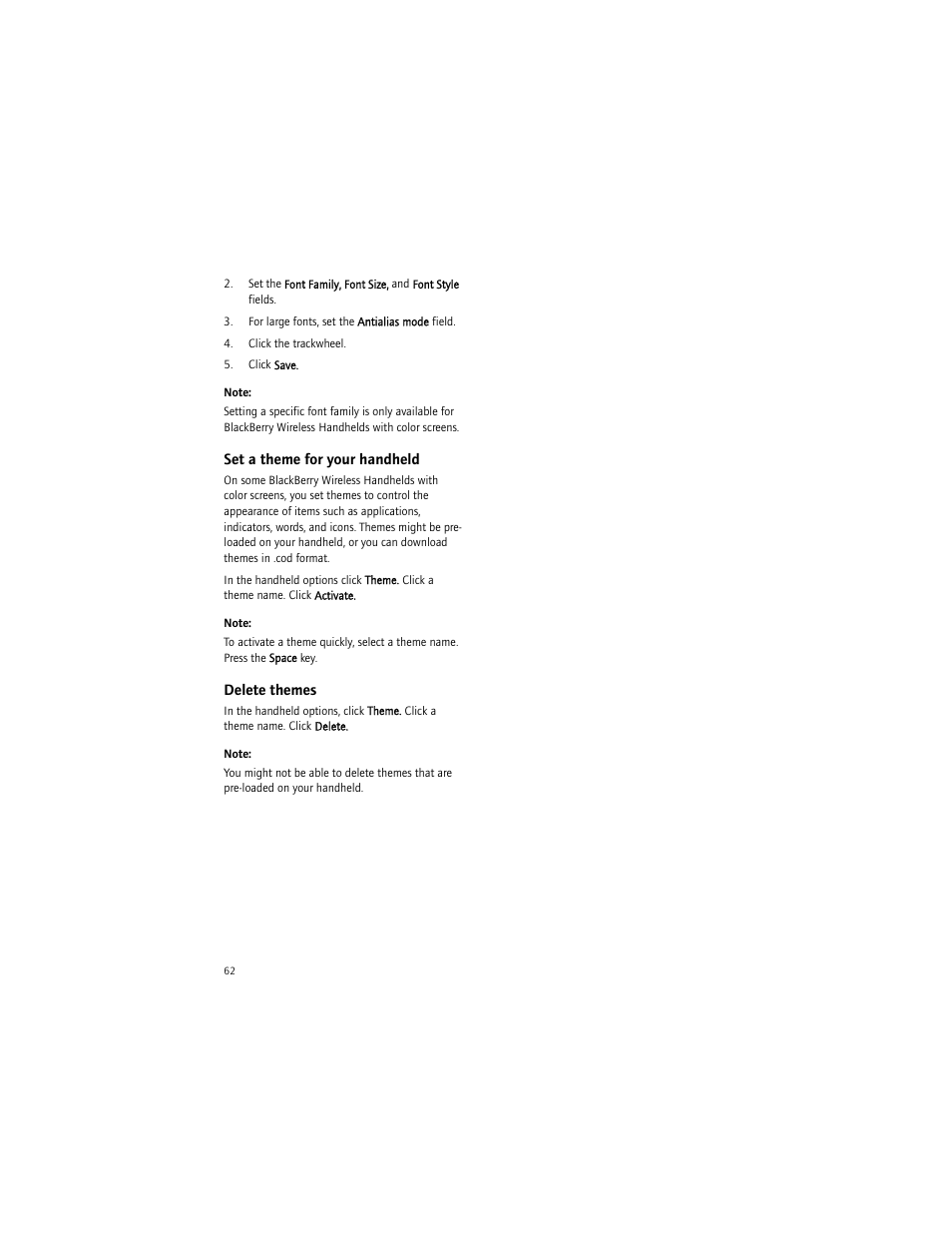 Set a theme for your handheld, Delete themes | Blackberry 6750 User Manual | Page 62 / 130