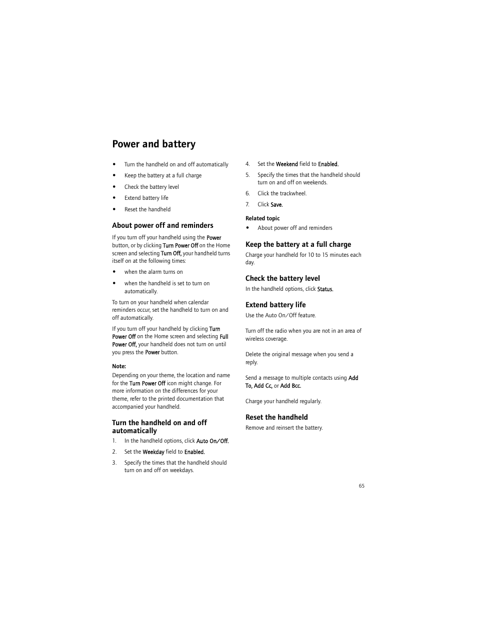 Power and battery, About power off and reminders, Turn the handheld on and off automatically | Keep the battery at a full charge, Check the battery level, Extend battery life, Reset the handheld | Blackberry 6750 User Manual | Page 65 / 130