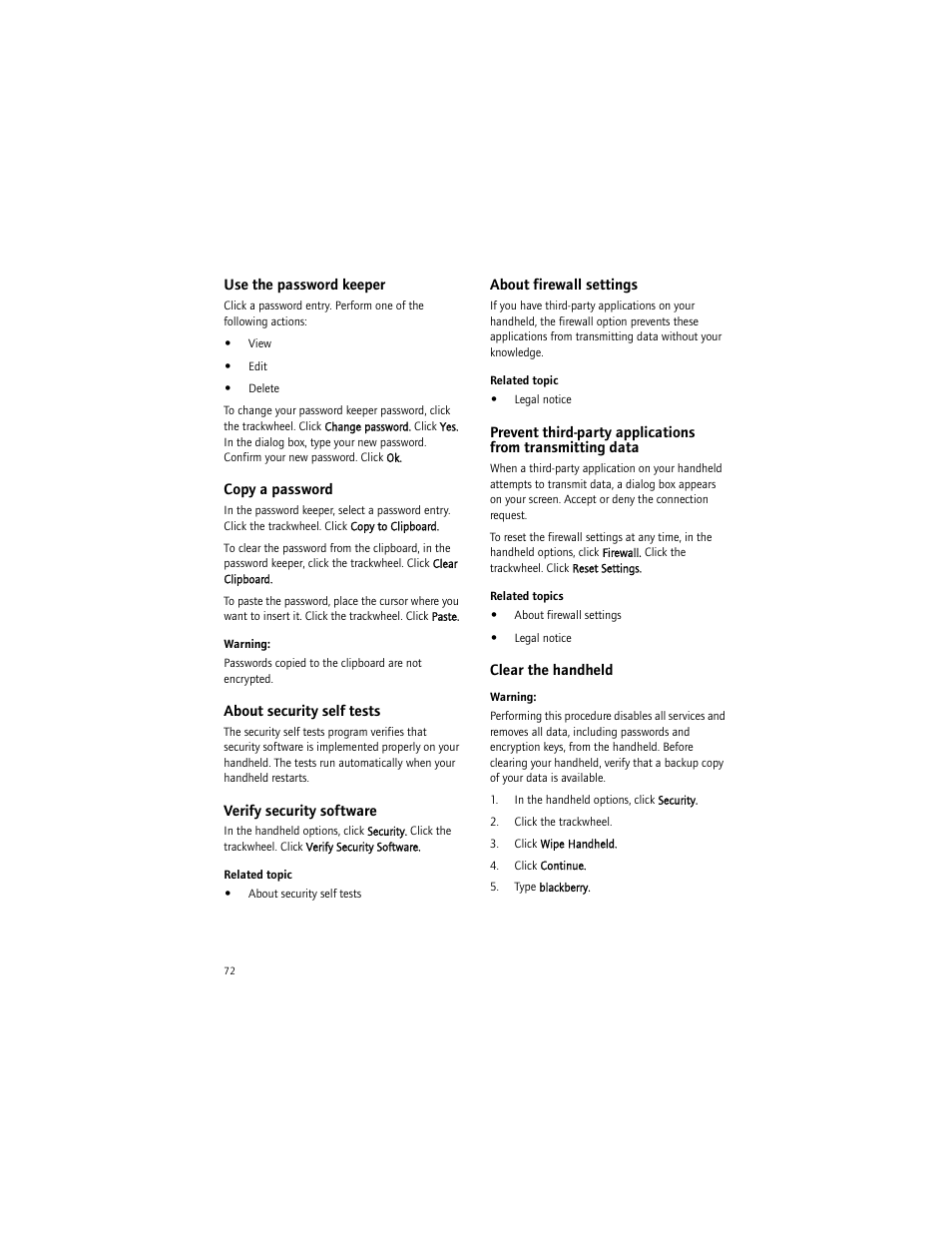 Use the password keeper, Copy a password, About security self tests | Verify security software, About firewall settings, Clear the handheld | Blackberry 6750 User Manual | Page 72 / 130