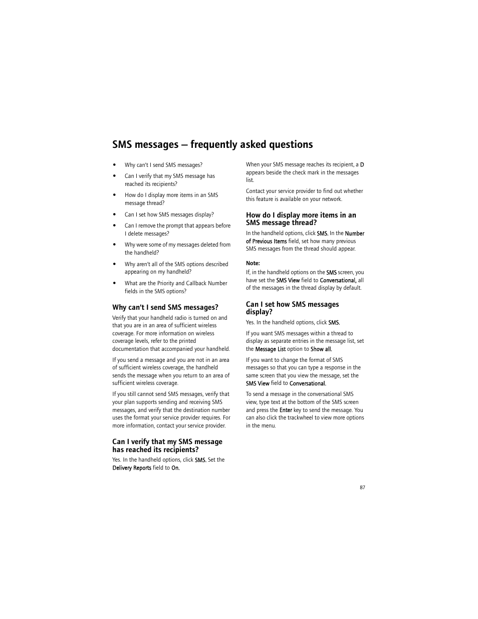 Sms messages - frequently asked questions, Why can’t i send sms messages, Can i set how sms messages display | Sms messages — frequently asked questions | Blackberry 6750 User Manual | Page 87 / 130