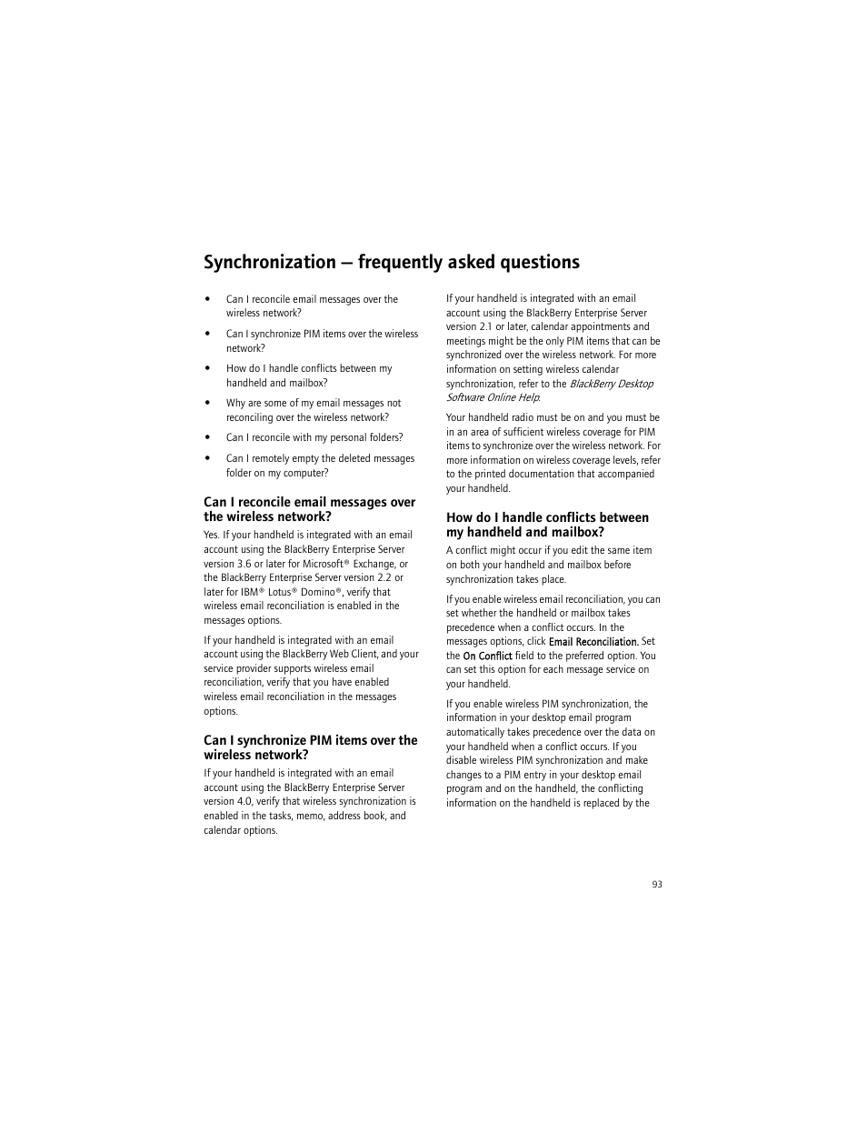 Synchronization - frequently asked questions, Synchronization — frequently asked questions | Blackberry 6750 User Manual | Page 93 / 130