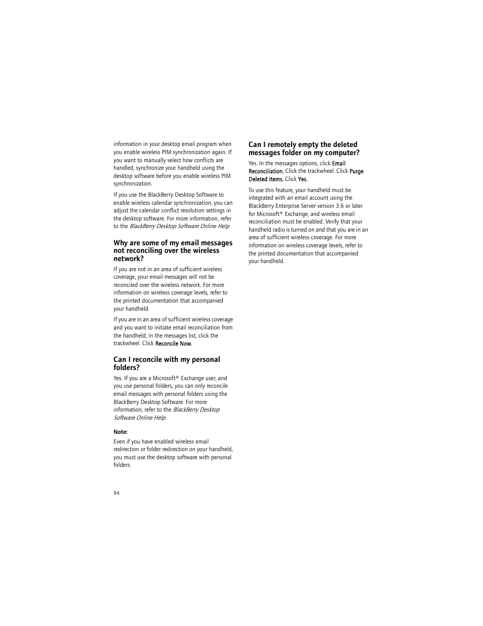 Can i reconcile with my personal folders | Blackberry 6750 User Manual | Page 94 / 130