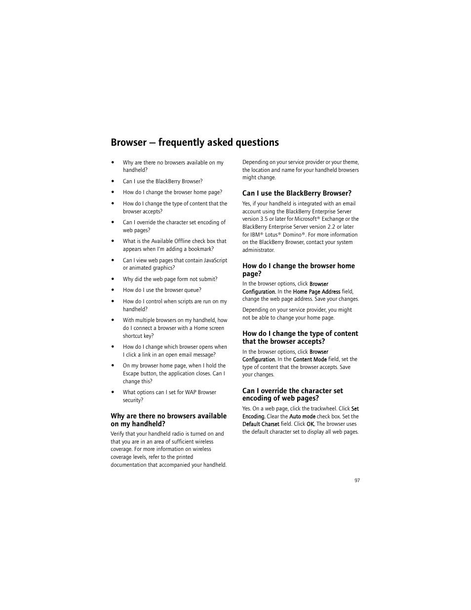 Browser - frequently asked questions, Why are there no browsers available on my handheld, Can i use the blackberry browser | Browser — frequently asked questions | Blackberry 6750 User Manual | Page 97 / 130