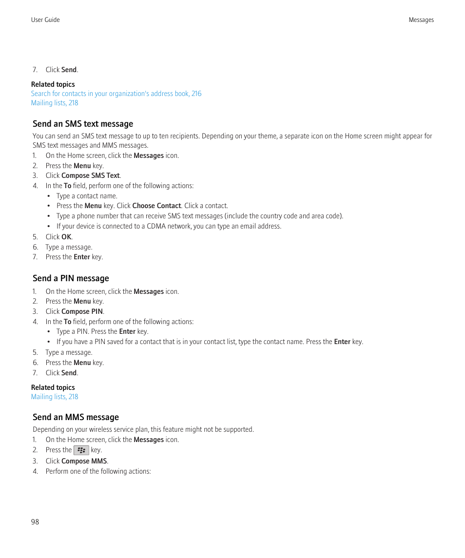 Send an sms text message, Send a pin message, Send an mms message | Blackberry CURVE 8980 User Manual | Page 100 / 443