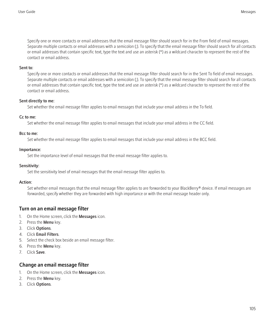 Turn on an email message filter, Change an email message filter | Blackberry CURVE 8980 User Manual | Page 107 / 443