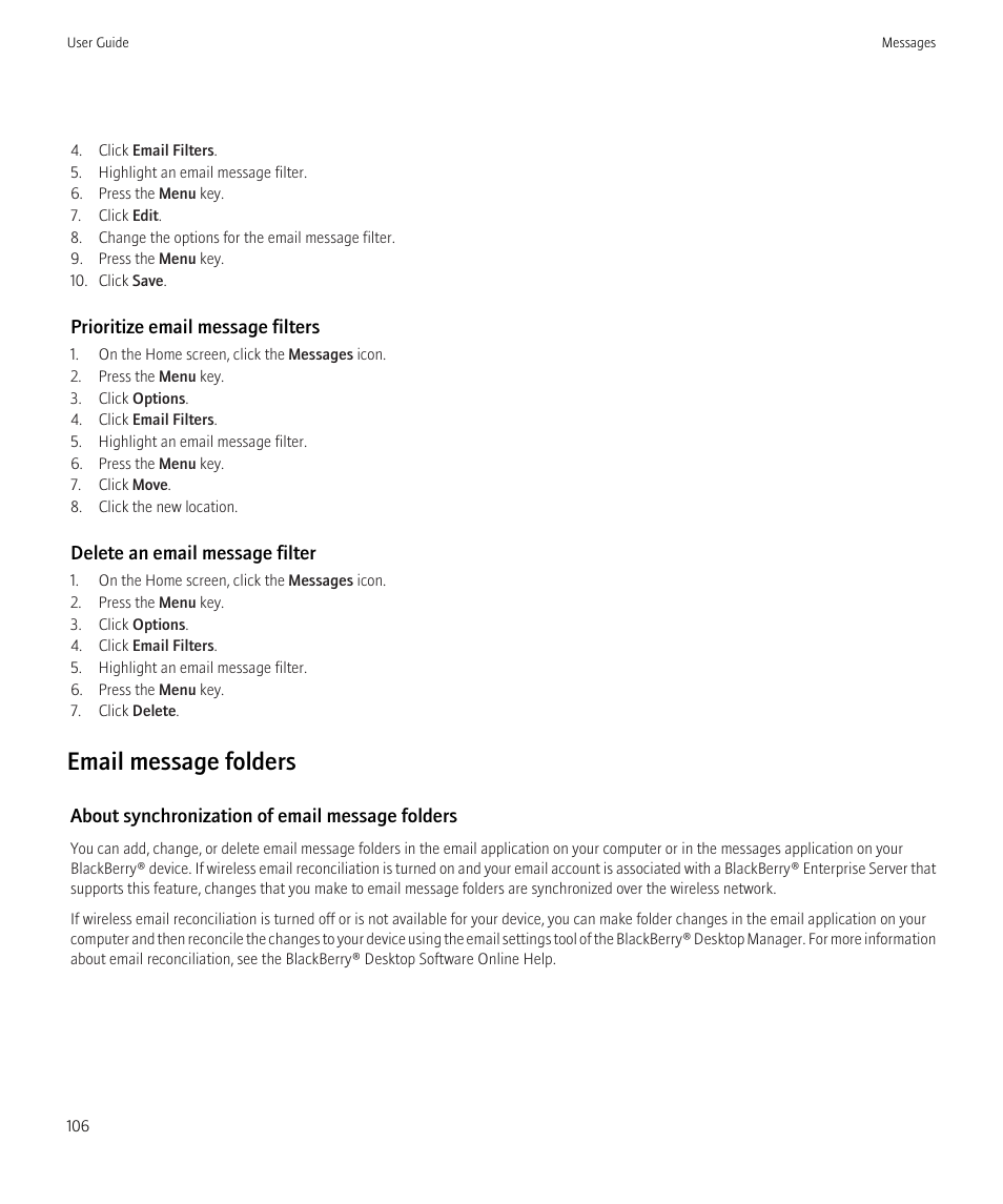 Email message folders | Blackberry CURVE 8980 User Manual | Page 108 / 443