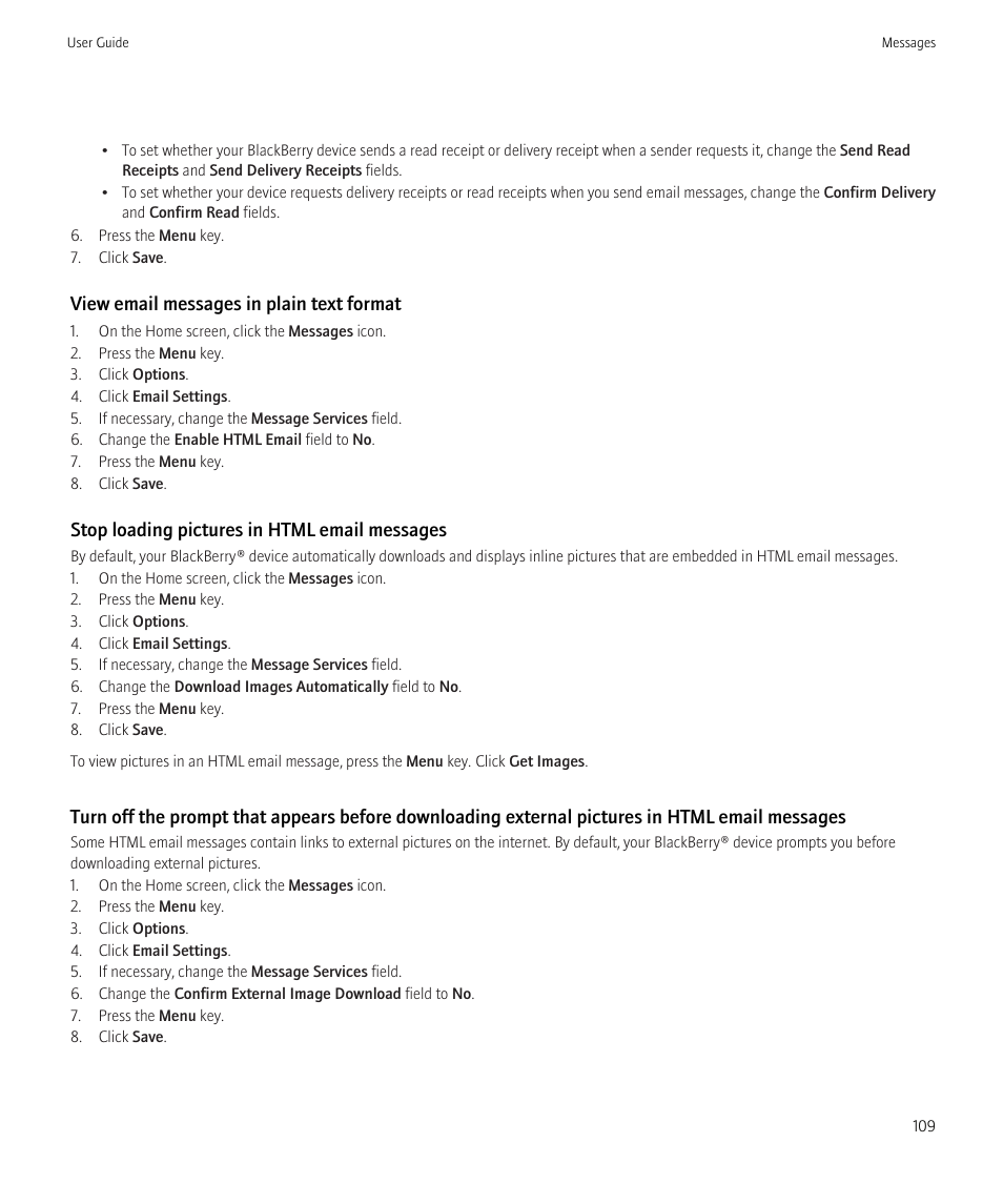 View email messages in plain text format, Stop loading pictures in html email messages | Blackberry CURVE 8980 User Manual | Page 111 / 443