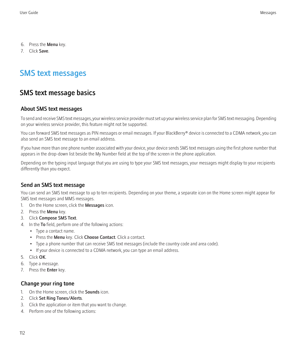 Sms text messages, Sms text message basics | Blackberry CURVE 8980 User Manual | Page 114 / 443