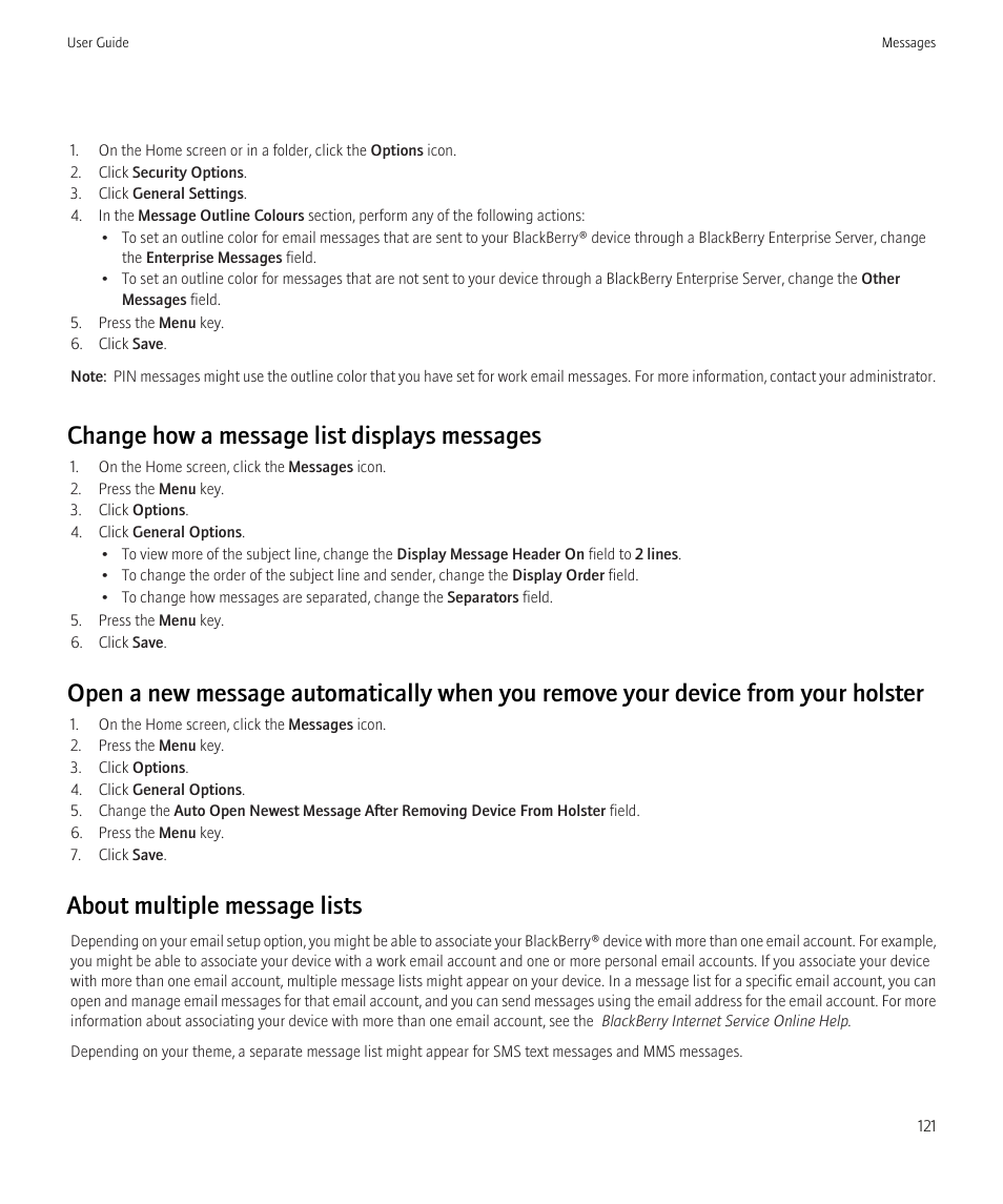 Change how a message list displays messages, About multiple message lists | Blackberry CURVE 8980 User Manual | Page 123 / 443