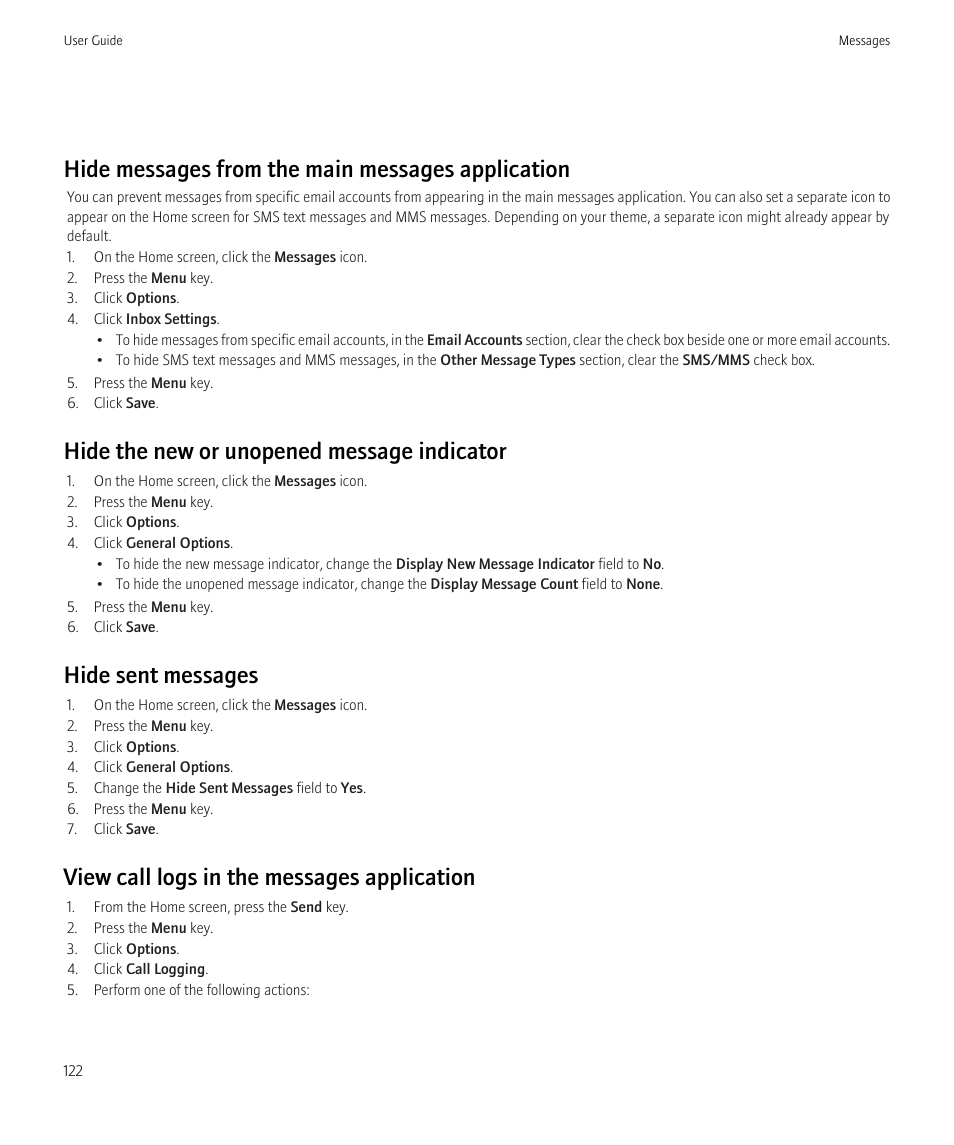 Hide messages from the main messages application, Hide the new or unopened message indicator, Hide sent messages | View call logs in the messages application | Blackberry CURVE 8980 User Manual | Page 124 / 443