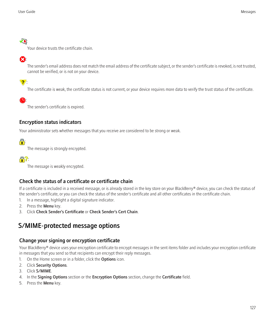S/mime-protected message options | Blackberry CURVE 8980 User Manual | Page 129 / 443