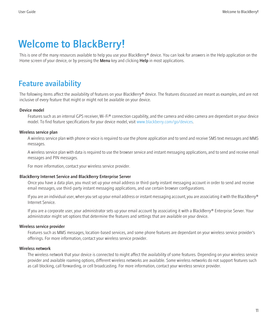 Welcome to blackberry, Feature availability | Blackberry CURVE 8980 User Manual | Page 13 / 443