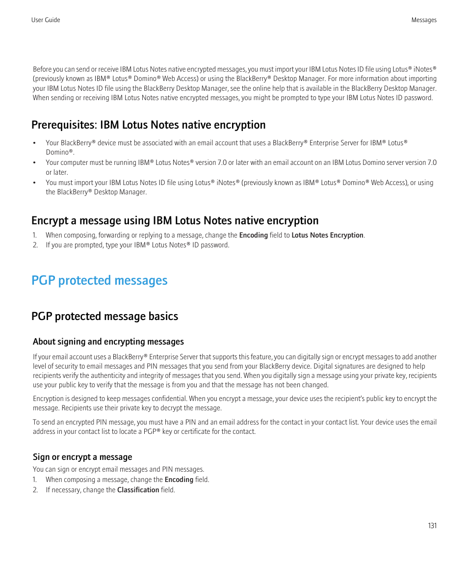 Pgp protected messages, Pgp protected message basics | Blackberry CURVE 8980 User Manual | Page 133 / 443