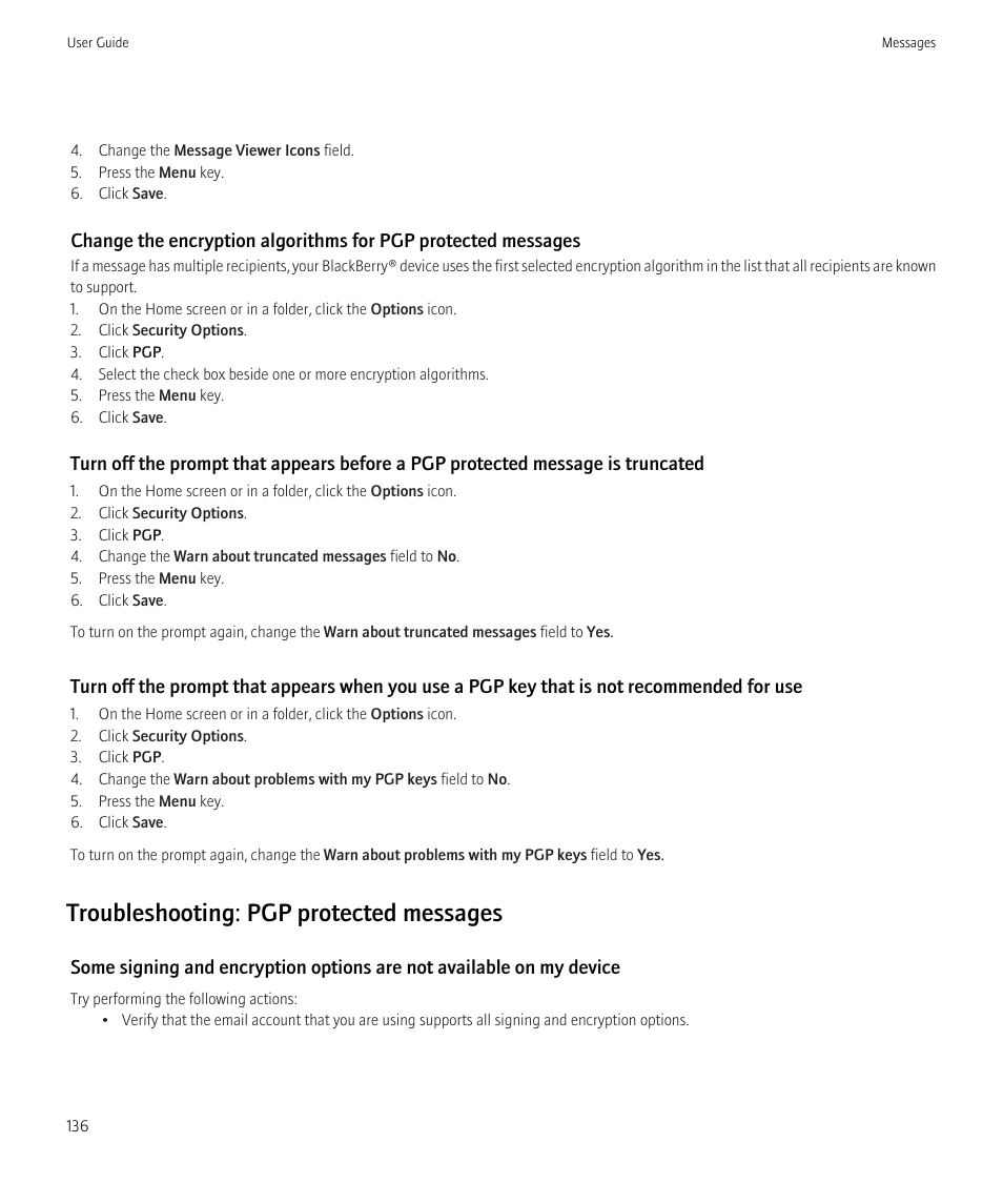 Troubleshooting: pgp protected messages | Blackberry CURVE 8980 User Manual | Page 138 / 443