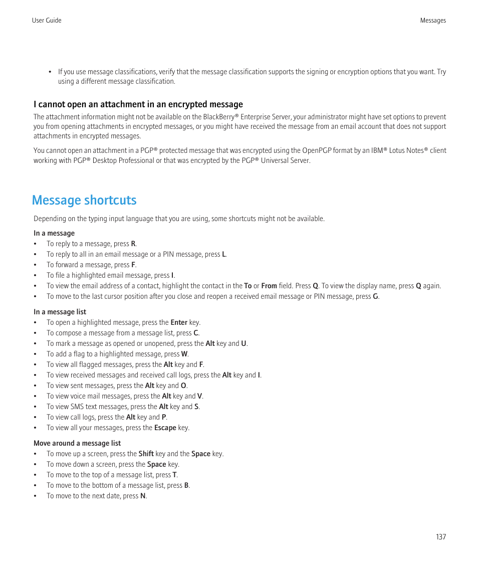 Message shortcuts | Blackberry CURVE 8980 User Manual | Page 139 / 443