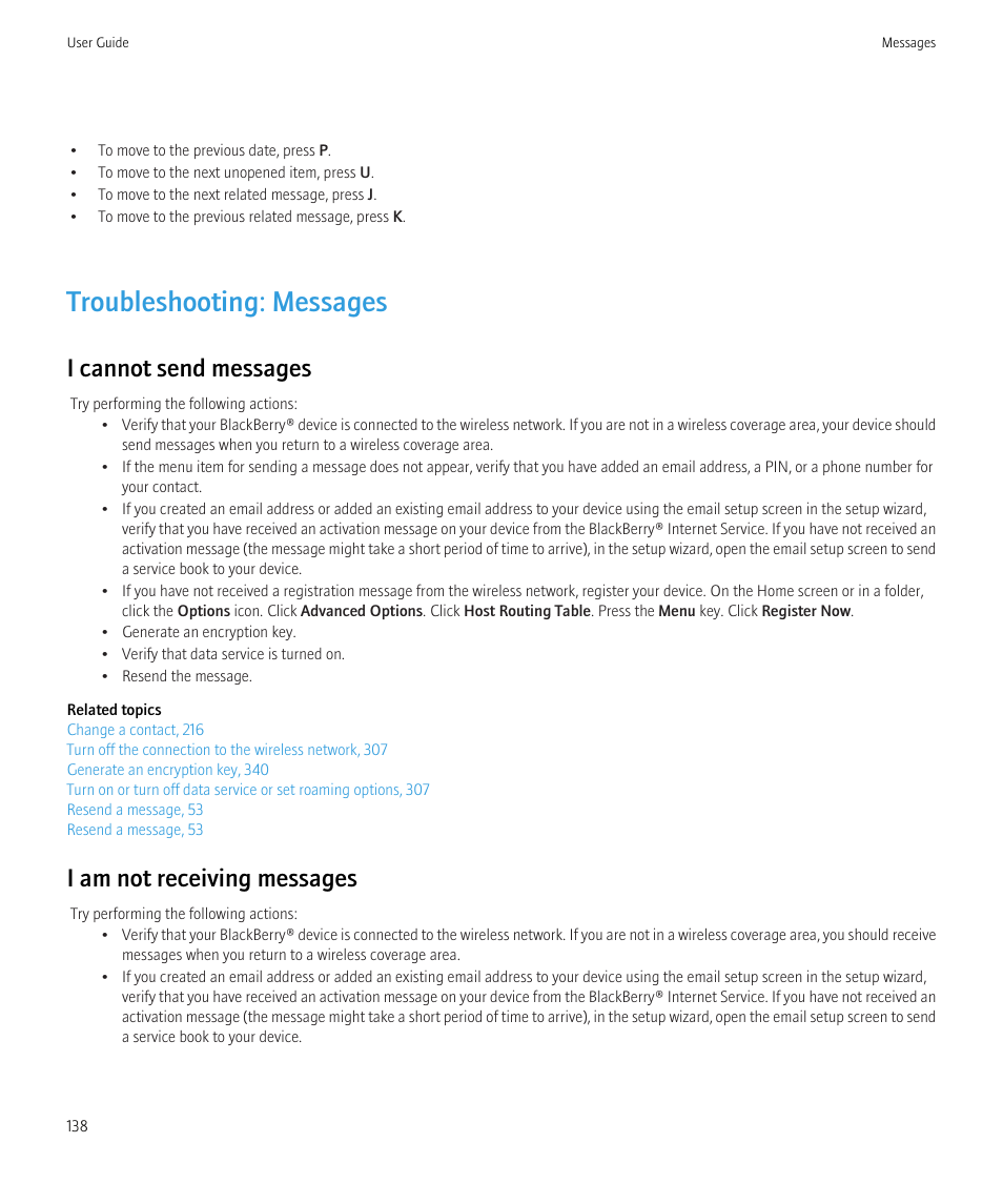 Troubleshooting: messages, I cannot send messages, I am not receiving messages | Blackberry CURVE 8980 User Manual | Page 140 / 443