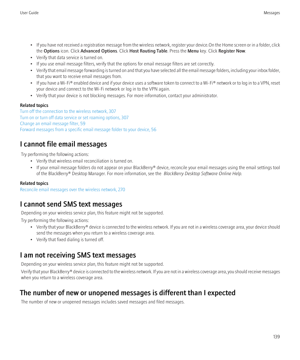I cannot file email messages, I cannot send sms text messages, I am not receiving sms text messages | Blackberry CURVE 8980 User Manual | Page 141 / 443