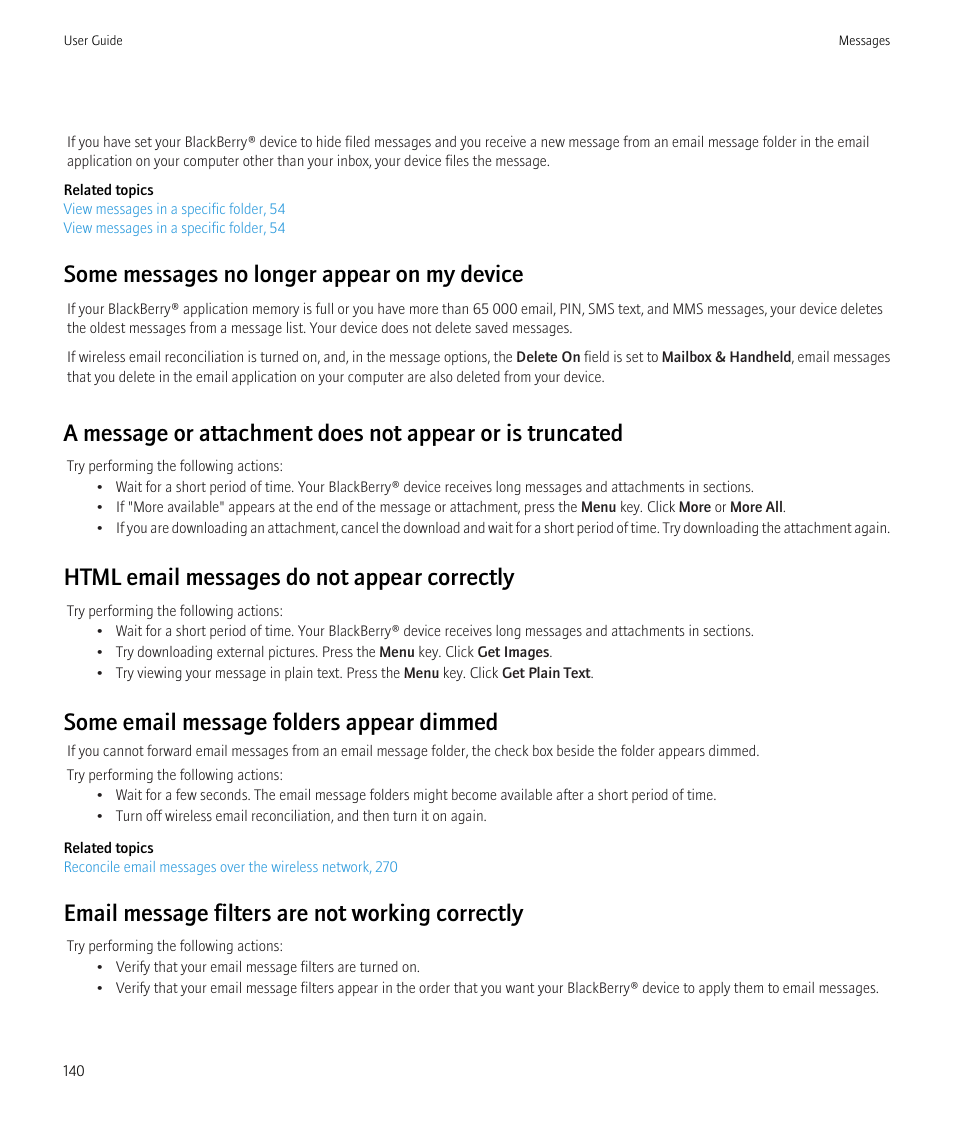 Some messages no longer appear on my device, Html email messages do not appear correctly, Some email message folders appear dimmed | Email message filters are not working correctly | Blackberry CURVE 8980 User Manual | Page 142 / 443