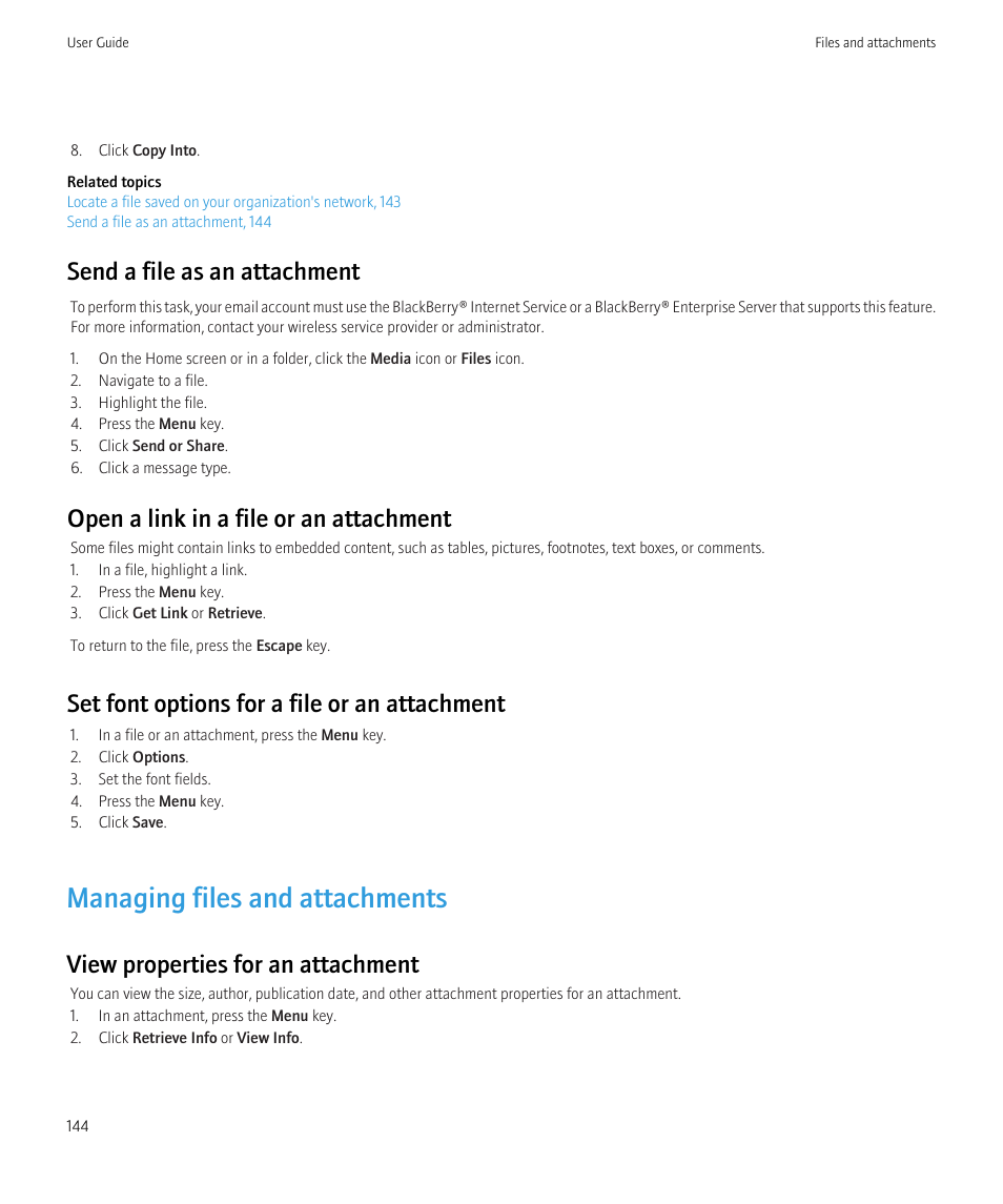 Managing files and attachments, Send a file as an attachment, Open a link in a file or an attachment | Set font options for a file or an attachment, View properties for an attachment | Blackberry CURVE 8980 User Manual | Page 146 / 443