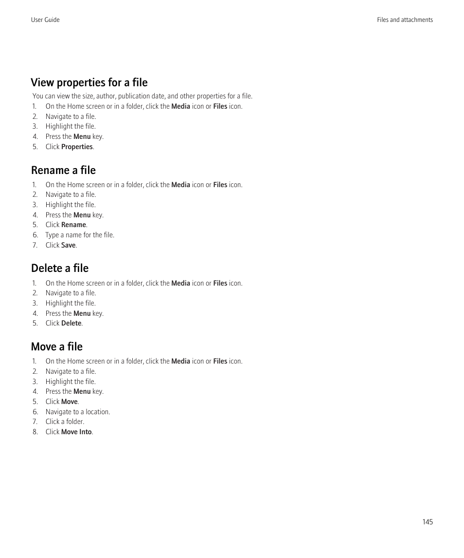 View properties for a file, Rename a file, Delete a file | Move a file | Blackberry CURVE 8980 User Manual | Page 147 / 443