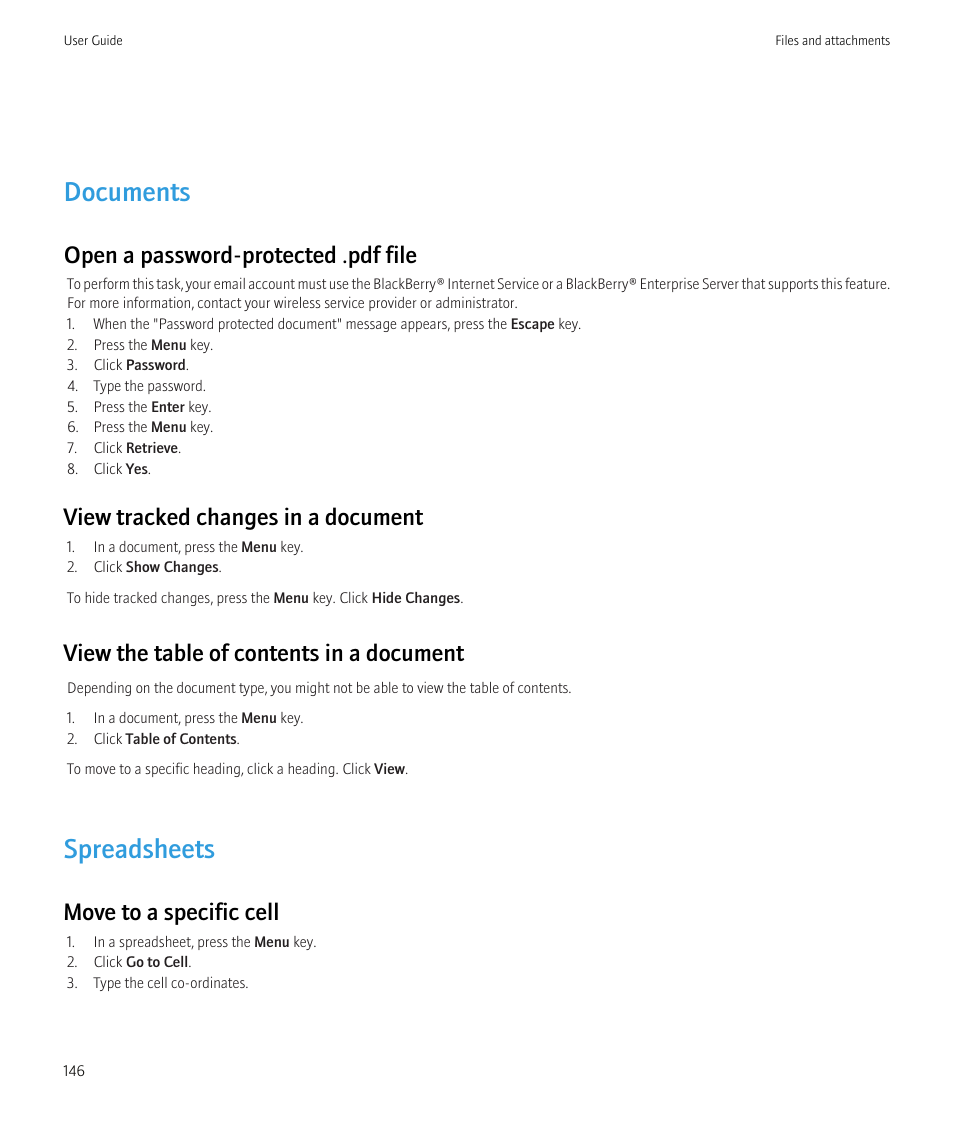 Documents, Spreadsheets, Open a password-protected .pdf file | View tracked changes in a document, View the table of contents in a document, Move to a specific cell | Blackberry CURVE 8980 User Manual | Page 148 / 443