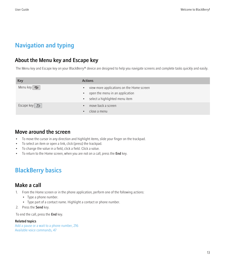 Navigation and typing, Blackberry basics, About the menu key and escape key | Move around the screen, Make a call | Blackberry CURVE 8980 User Manual | Page 15 / 443