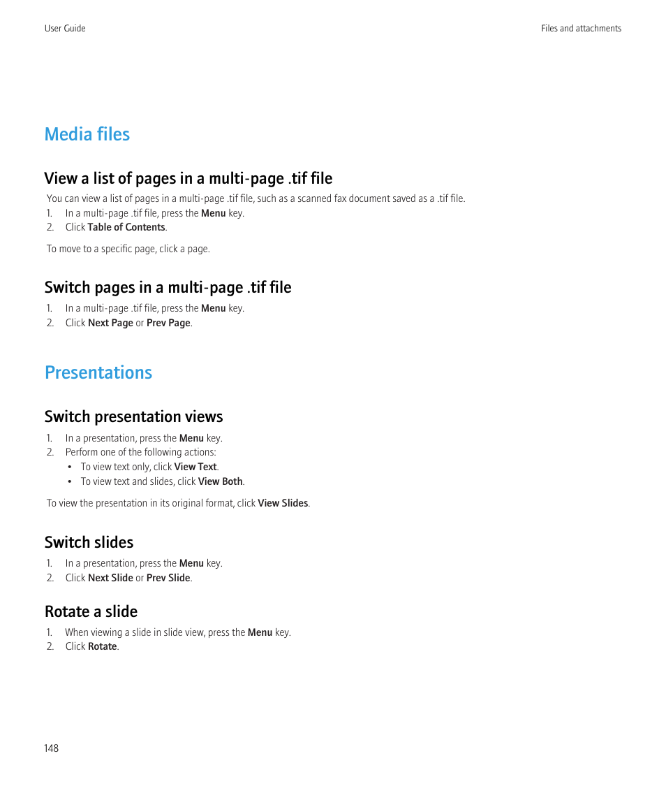 Media files, Presentations, View a list of pages in a multi-page .tif file | Switch pages in a multi-page .tif file, Switch presentation views, Switch slides, Rotate a slide | Blackberry CURVE 8980 User Manual | Page 150 / 443