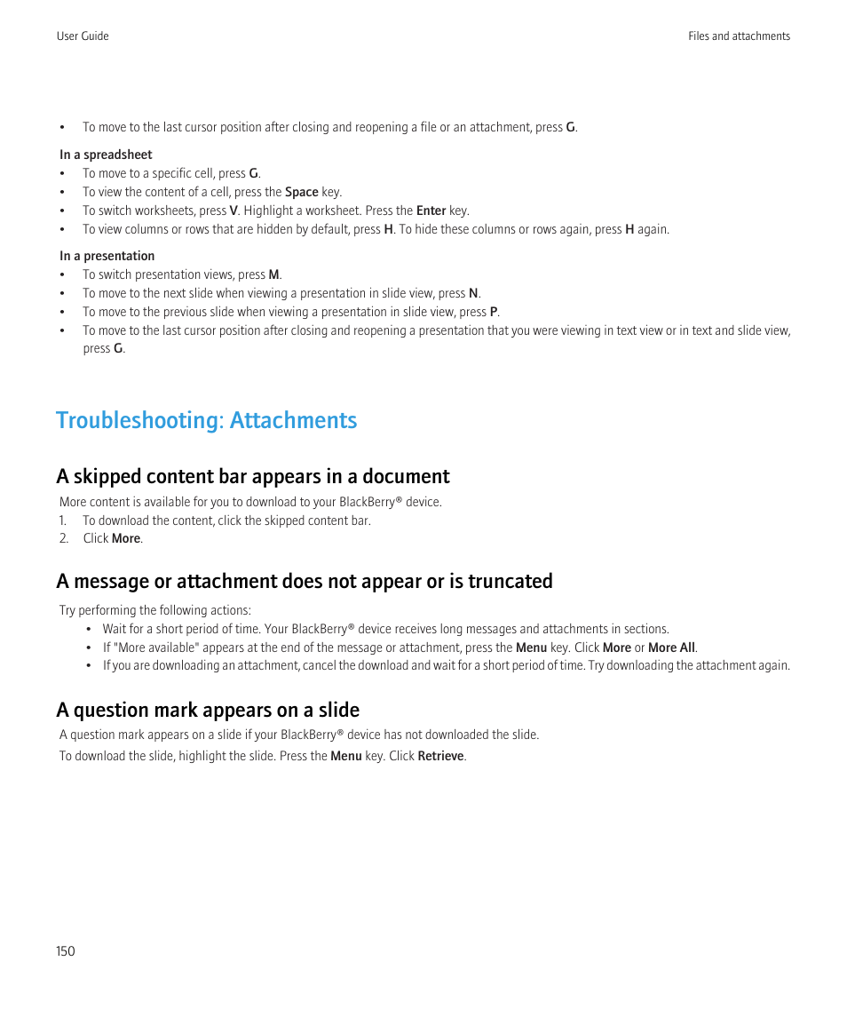 Troubleshooting: attachments, A skipped content bar appears in a document, A question mark appears on a slide | Blackberry CURVE 8980 User Manual | Page 152 / 443