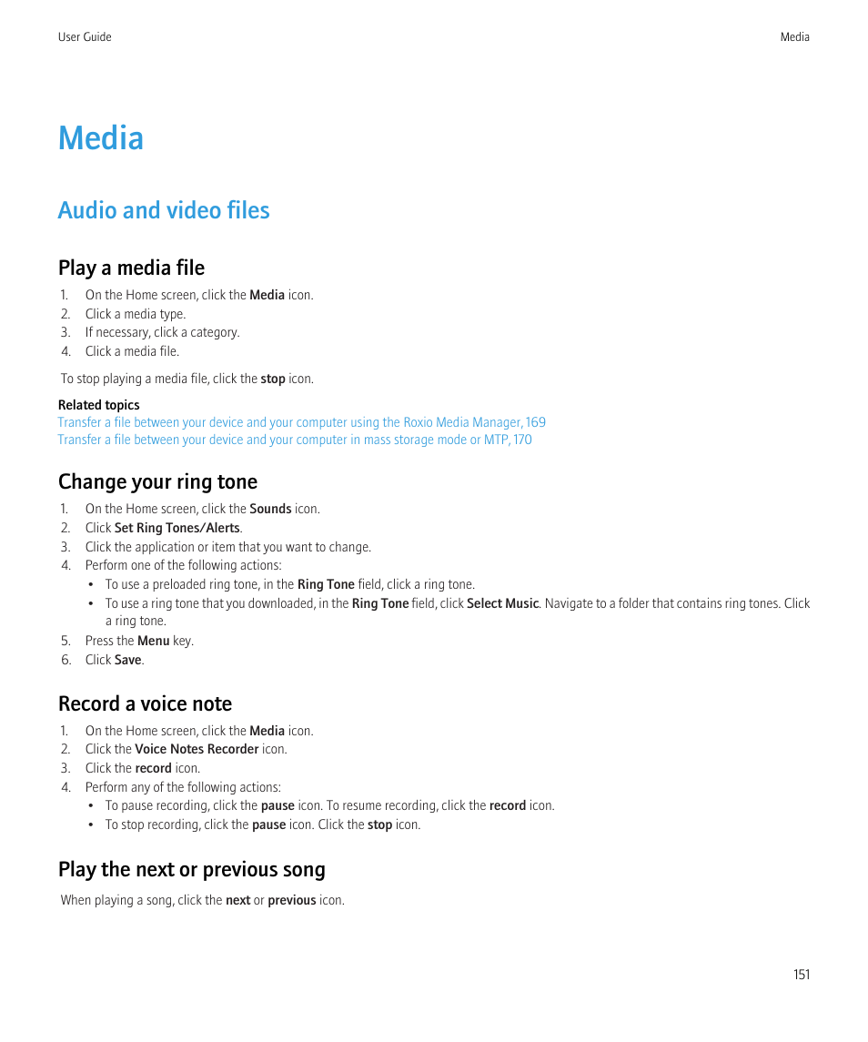 Media, Audio and video files, Play a media file, 151 | Play a media file, Change your ring tone, Play the next or previous song | Blackberry CURVE 8980 User Manual | Page 153 / 443