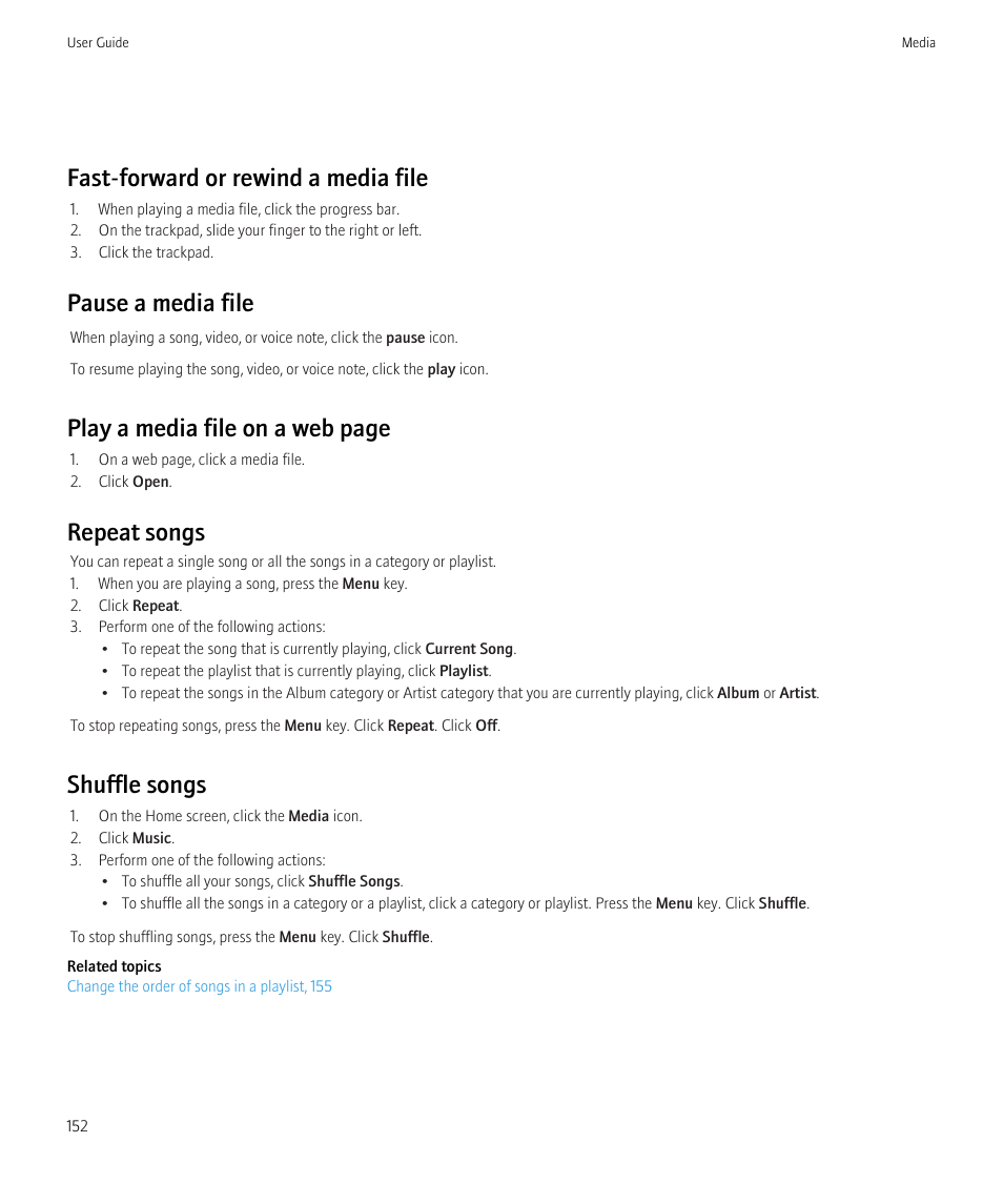 Fast-forward or rewind a media file, Pause a media file, Play a media file on a web page | Repeat songs, Shuffle songs | Blackberry CURVE 8980 User Manual | Page 154 / 443